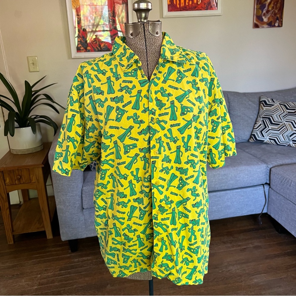 VINTAGE GUMBY BUTTON UP SHIRT MEDIUM 90’S ALL OVER PRINT